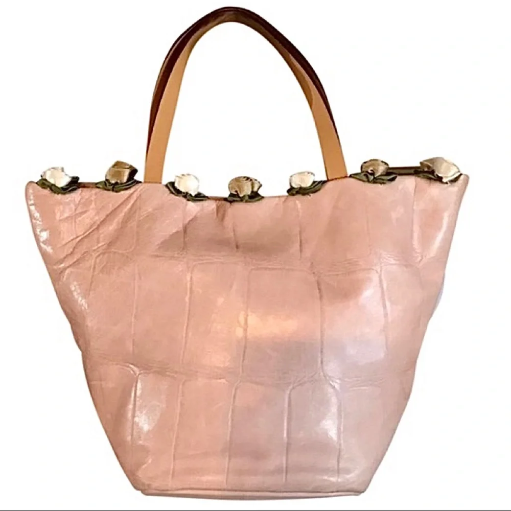 FALOR BLUSH TEXTURED LEATHER WITH SATIN ROSETTE DETAILS TOTE BAG